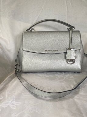 Michael Kors Silver Saffiano Leather Satchel Crossbody Bag